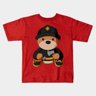 Black Uniform Fireman Teddy Bear Kids T-Shirt